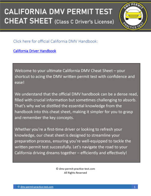 Ultimate California DMV Cheat Sheet DMV Permit Practice Test